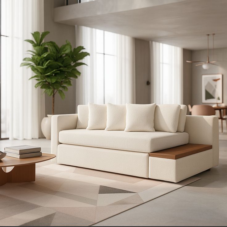 Sofá-Cama Trento com Chaise e Mesa Lateral em Madeira