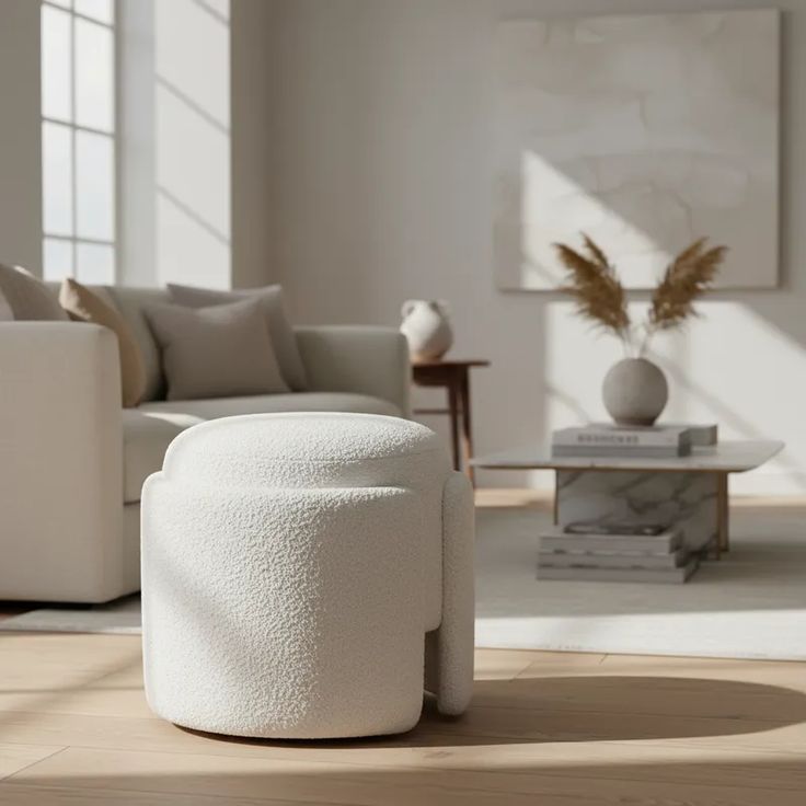 Puff Prisma Bouclé Off-White Decorativo