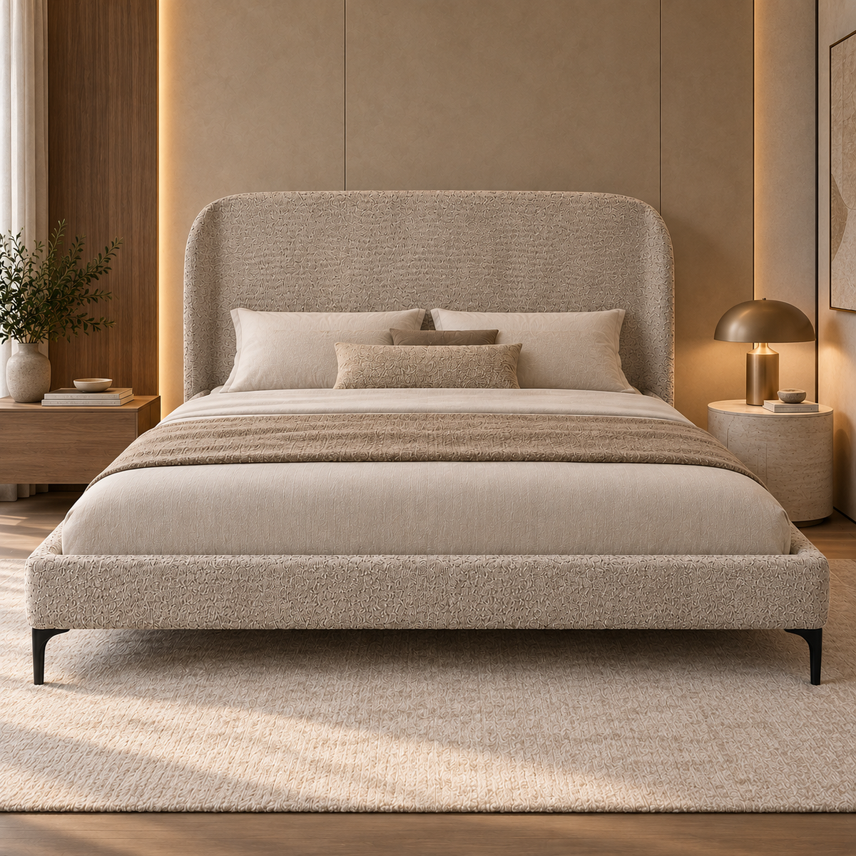 Cama | Cabeceira Estofada com Laterais Curvas e Pés Metálicos