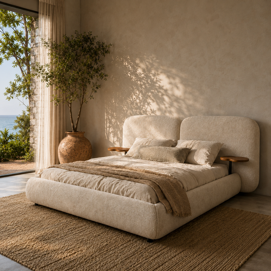 Cama Isabel | com cabeceira orgânica bipartida e mesas laterais integradas