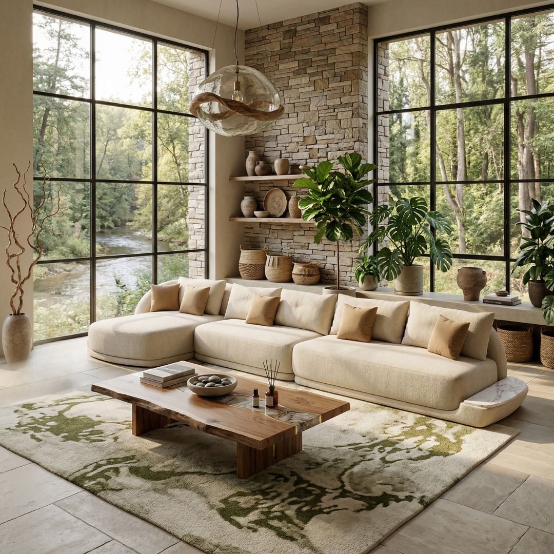 Sofá Onda com chaise e mesa de apoio