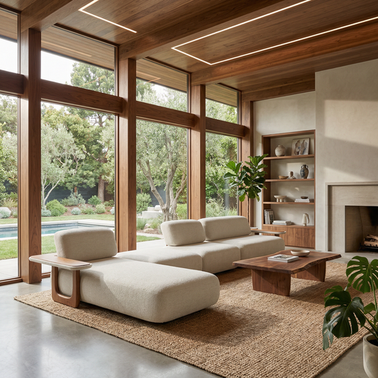 Sofá Terra com chaise e mesas de apoio em madeira