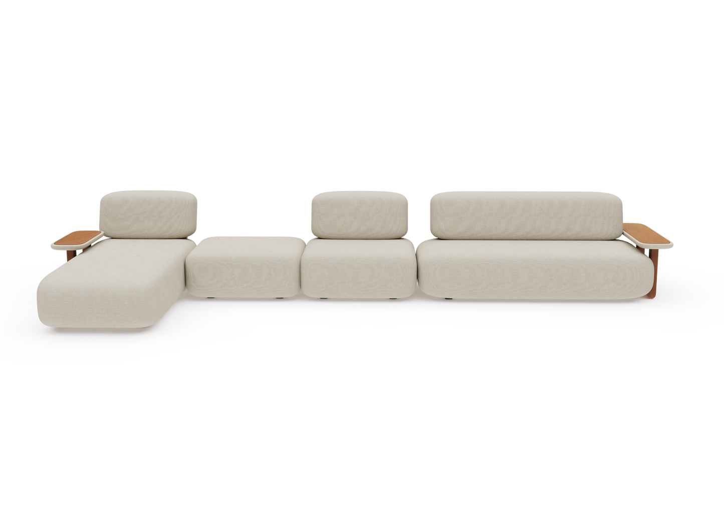 Sofá Terra com chaise e mesas de apoio em madeira