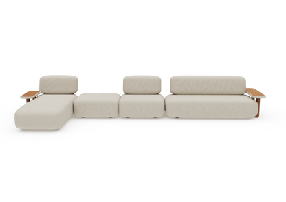 Sofá Terra com chaise e mesas de apoio em madeira