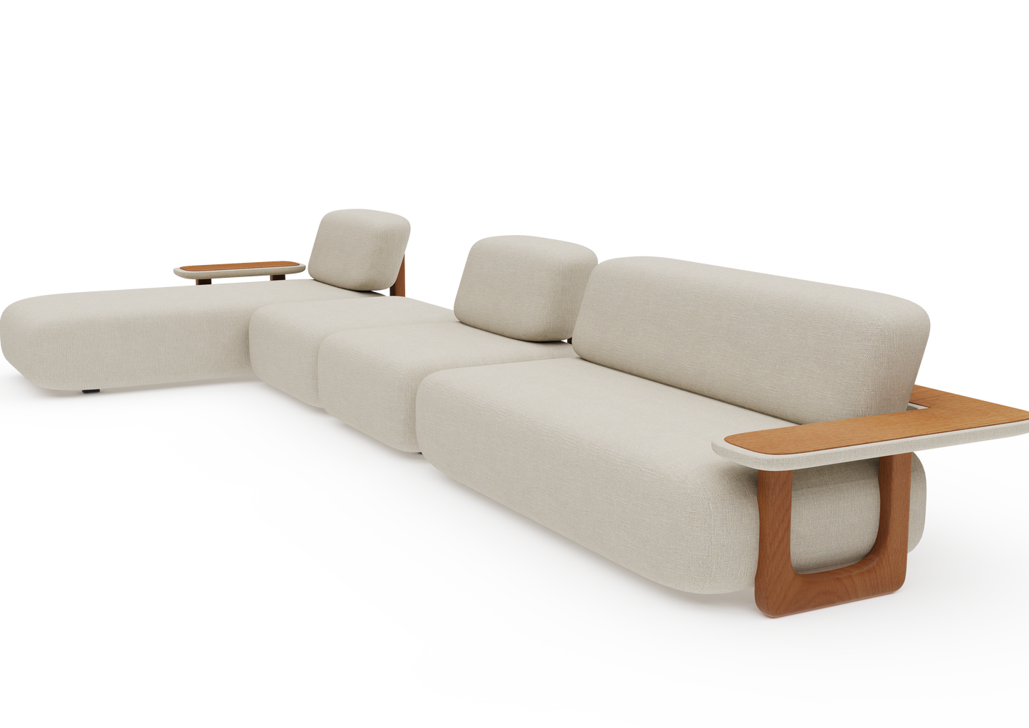 Sofá Terra com chaise e mesas de apoio em madeira