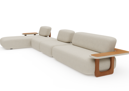 Sofá Terra com chaise e mesas de apoio em madeira