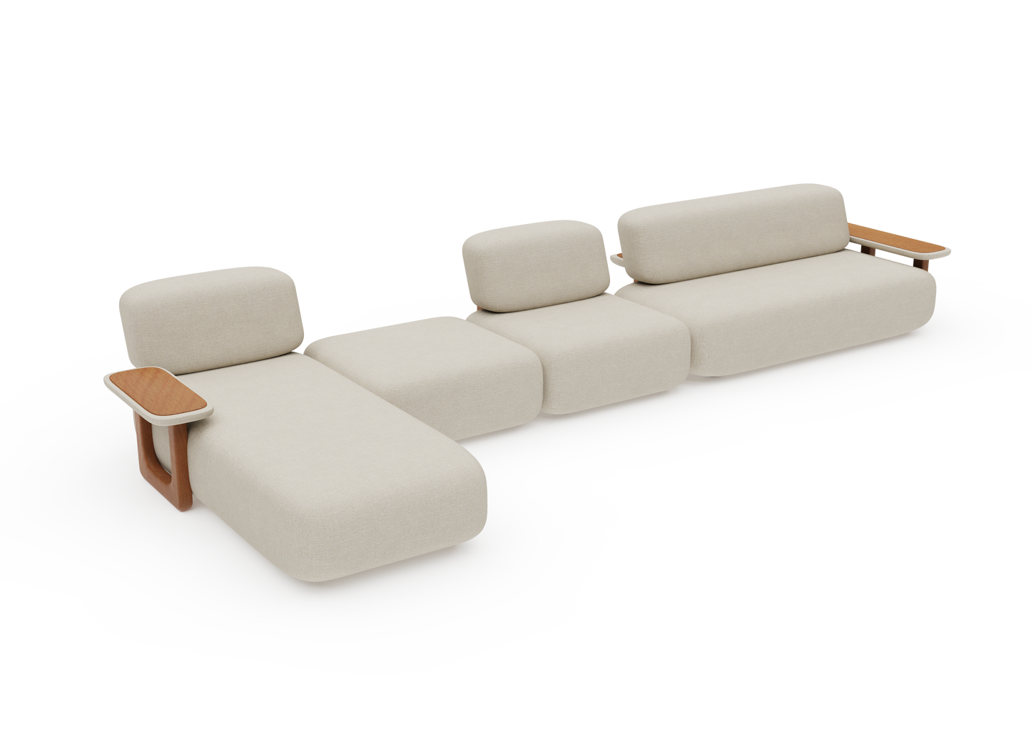 Sofá Terra com chaise e mesas de apoio em madeira