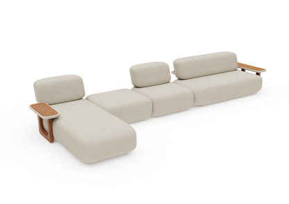 Sofá Terra com chaise e mesas de apoio em madeira