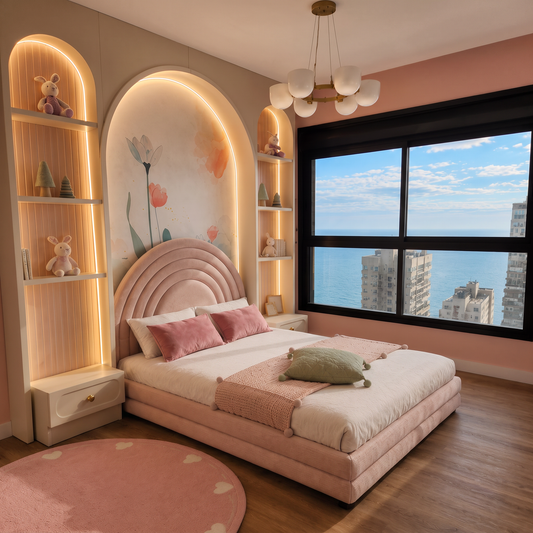 Cama Georgina com Cabeceira Alta de Arcos Estofados e Base Estofada Dupla