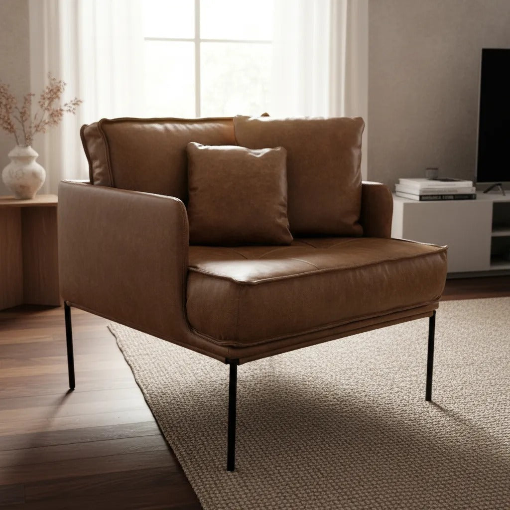 Poltrona Barcelona Couro Marrom com Pés Metálicos