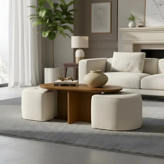Conjunto Mesa De Centro Com 2 Puff